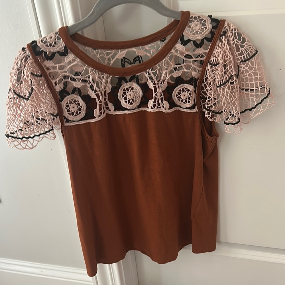 Anthropologie XS Lace Sleeve Rust Top